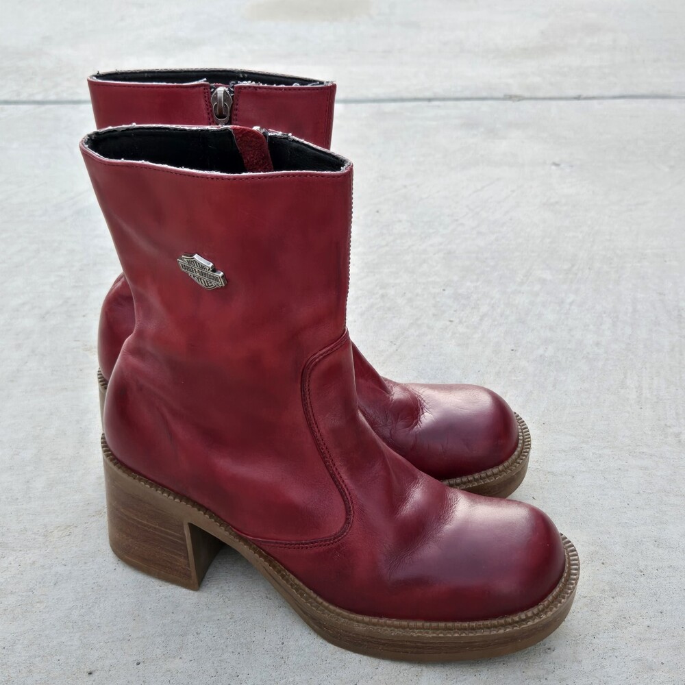 Vintage 1990s/Y2k Harley-Davidson Red Leather Chunky Platform Boots Women's 7.5